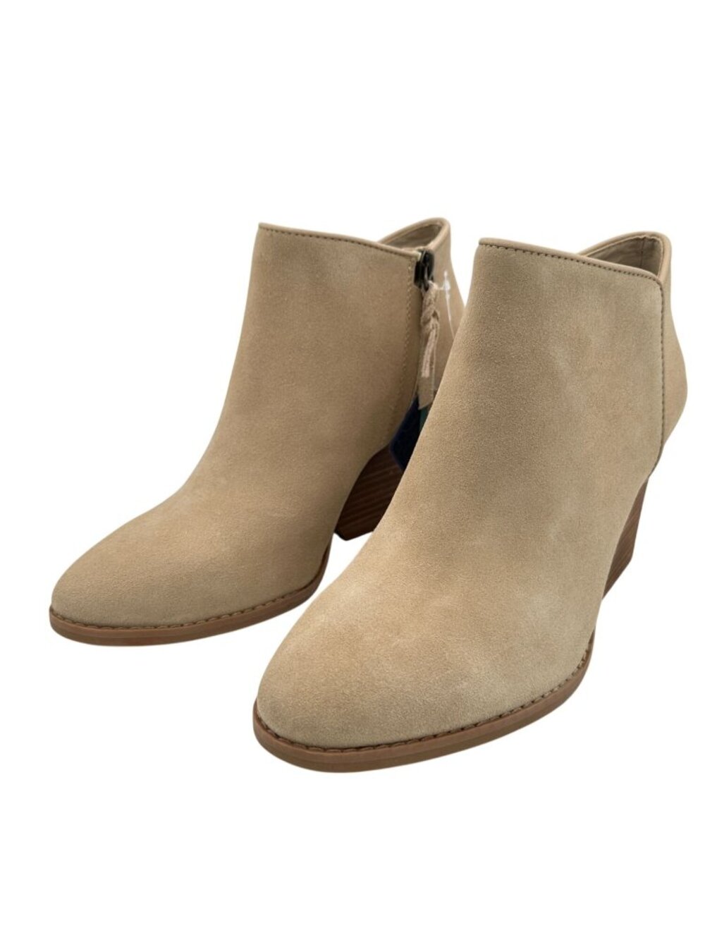 Toms Ankle Booties Size 9 Tan Suede Hadley Side Zip Stacked Heel Western Style